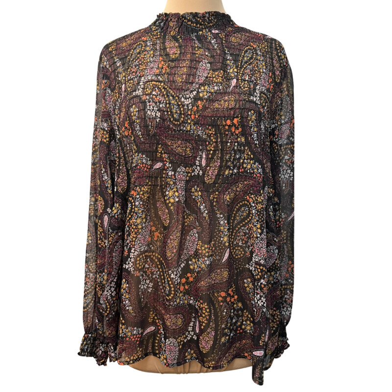 Anko Sheer Blouse<br />
Long Sleeve<br />
Smocking Detail On Neck and Sleeves<br />
Paisley Print<br />
Black, Burgandy, Yellow, Purple, Orange and White<br />
Size: Large