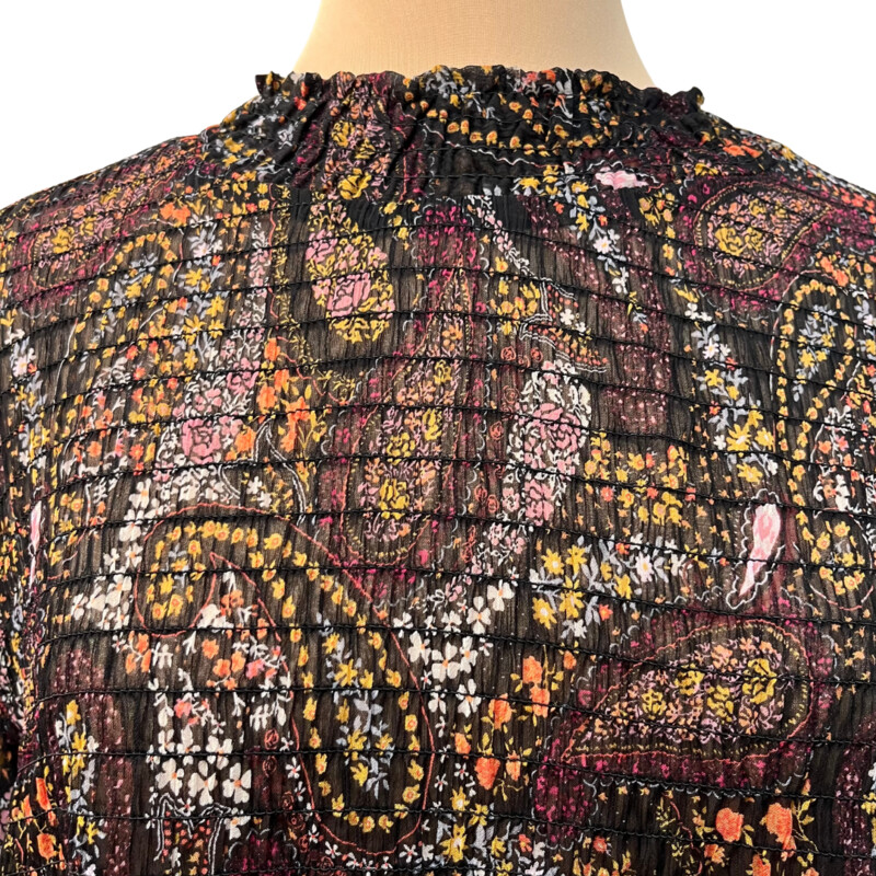 Anko Sheer Blouse<br />
Long Sleeve<br />
Smocking Detail On Neck and Sleeves<br />
Paisley Print<br />
Black, Burgandy, Yellow, Purple, Orange and White<br />
Size: Large