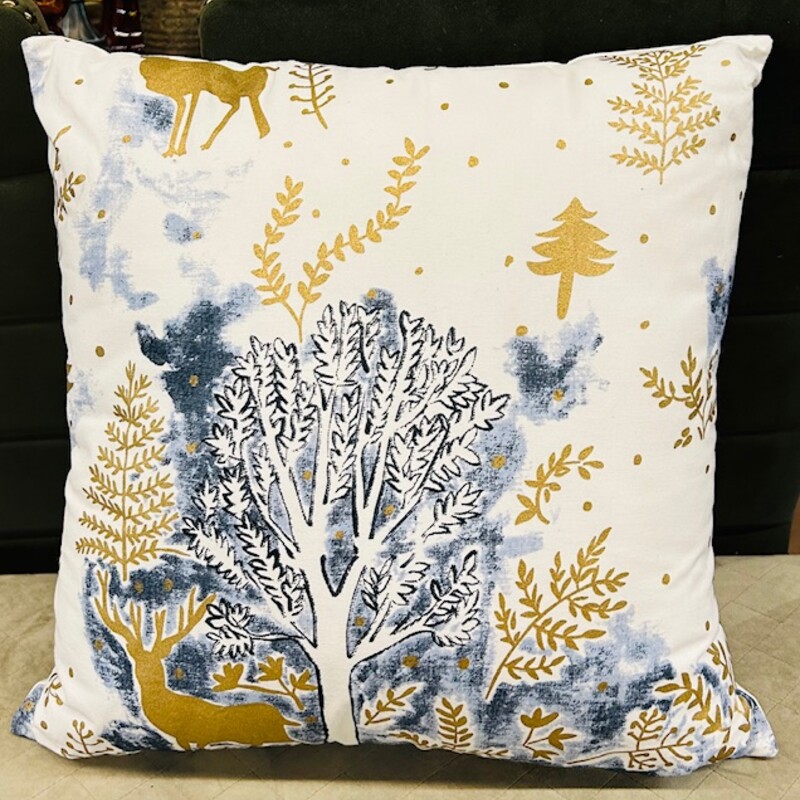 Deer Tree Winter Throw Pillow
White Blue Gold
Size: 18x18