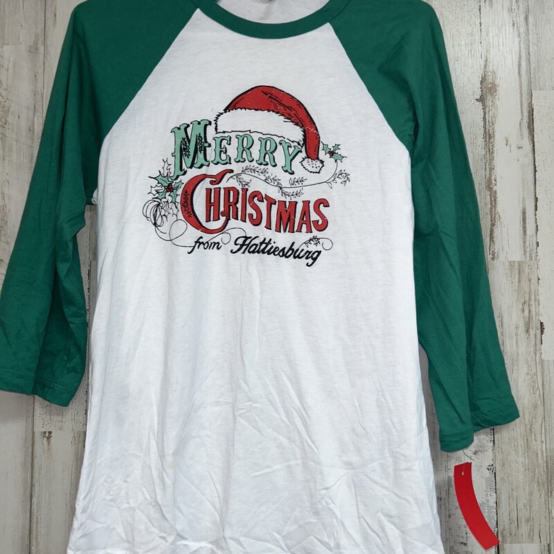 M Merry Christmas Raglan, Green, Size: Ladies M