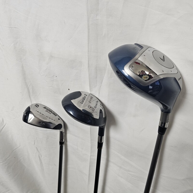 Set contains:<br />
-Nike 12* Driver with head cover<br />
-Nicklaus Co Golden Bear M86 Low Center of Gravity 3w, 5w, 5i, 6i, 7i, 9i, PW, SW, & Putter.<br />
-Light & Easy III Square Two 34* 13 wood (replaces 8i)<br />
-Tour Edge Bazooka JMax 30* 6 iron-wood<br />
All pre-owned in great condition!<br />
Clubs only, does not come with bag