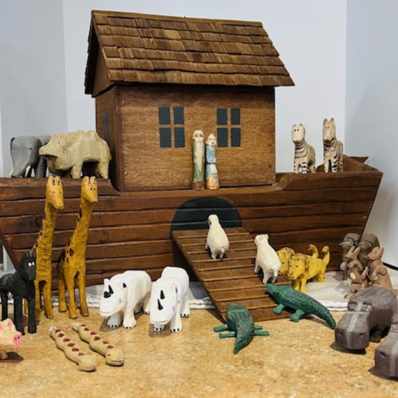 Carved Wood Noahs Ark with 14 Sets of Wood Carved Animals<br />
Brown Multicolored Size: 23 x 9 x 14H<br />
14 sets of animals, Noah & Wife included