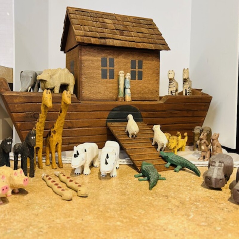 Carved Wood Noahs Ark with 14 Sets of Wood Carved Animals
Brown Multicolored Size: 23 x 9 x 14H
14 sets of animals, Noah & Wife included