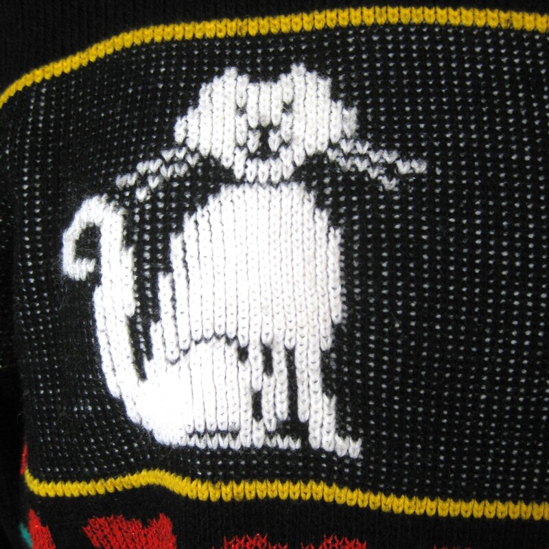 Super cute cat sweater for you or your favorite cat loving friend
It's black with rows of images including Cats, mice, tulips and hearts.
It's by Adele
made in the USA
Acrylic with a bit of lurex
Should fit a modern size large or oversize for a medium
Here are the flat measurements:
Shoulder to Shoulder: 22.25
Armpit to Armpit: 21.5
Width at Hem: 17
length: 24.25
Underarm sleeve seam length: 19

Excellent condition.
Thanks for looking!
#79244