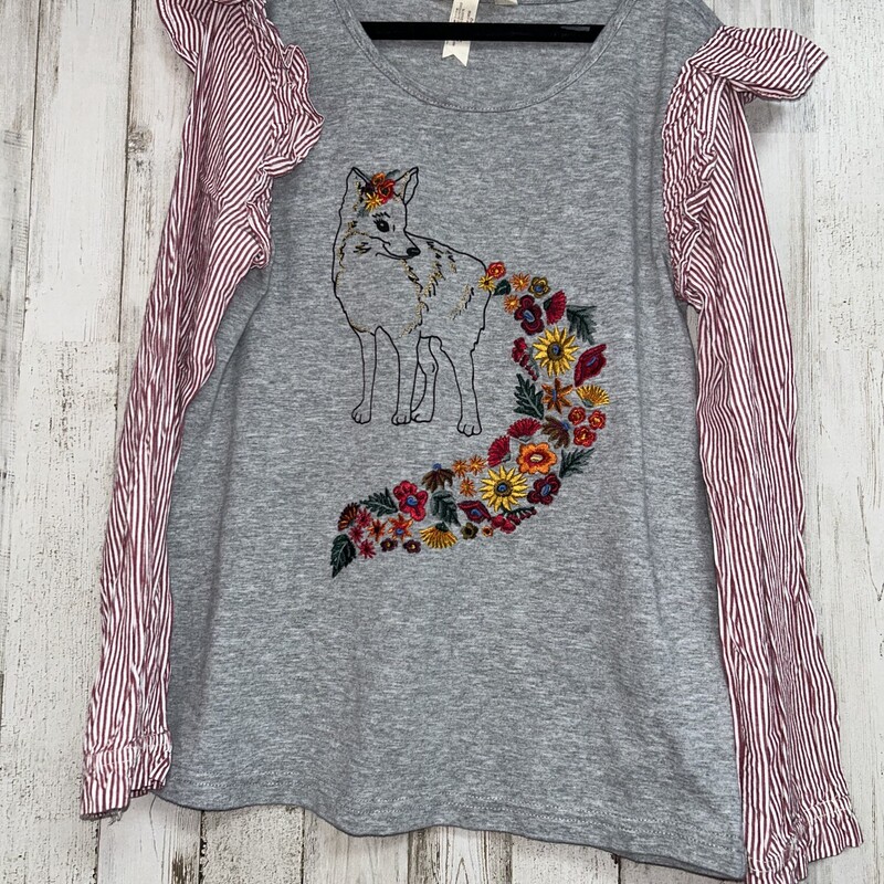 8 Floral Fox Ruffle Top, Grey, Size: Girl 7/8