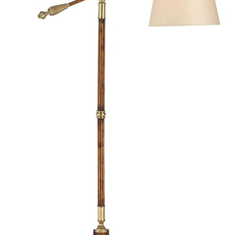 Uttermost Monroe Rustic Vintage Arc Lamp<br />
Brown Gold Tan Size: 39 x 60-67H<br />
Retails: $399.99<br />
<br />
Adjustable height from 60 to 67. Base is 9 1/4 square. Shade is 12 across the top x 14 1/2 across the bottom x 8 high. Weighs 23 lbs.<br />
15 from handle to center pole. 32 1/2 from handle to center shade. 39 total arm length to outside of shade.<br />
Uses one maximum 150 watt standard-medium base light bulb (not included). On-off step switch on the cord.<br />
Adjustable arc floor lamp by the Uttermost brand.<br />
Brass finish metal accents. Wood construction pole. Burlap fabric lamp shade.