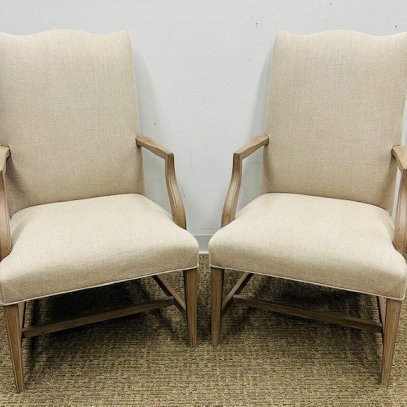 Set of 2 Linen Wood Arm Chairs
Light Cream Tan Linen with Taupe Wood Arms
Size: 24 x 24 x 42H
Professionally Reupholstered Drexel Heritage Chairs