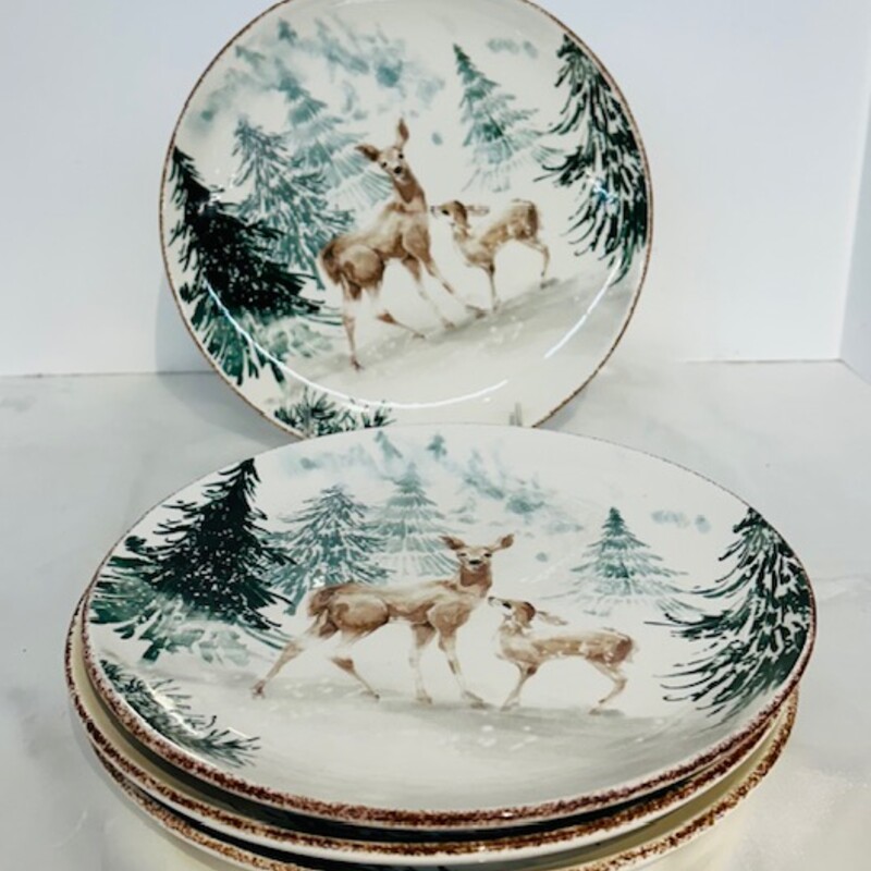 Set of 4 Robert Stanley Tree Deer Salad Plates
Cream Green Brown
Size: 8.5 diameter