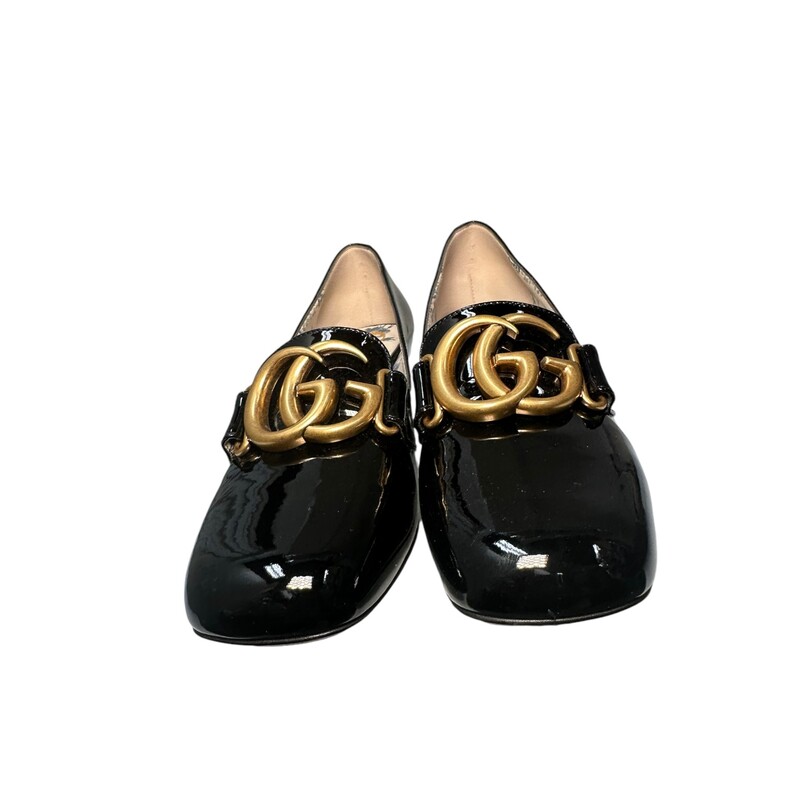 Gucci Marmont  Black Patent Leather Block Heel<br />
Size 36<br />
Style Code: 525333<br />
Comes with box and dust bag