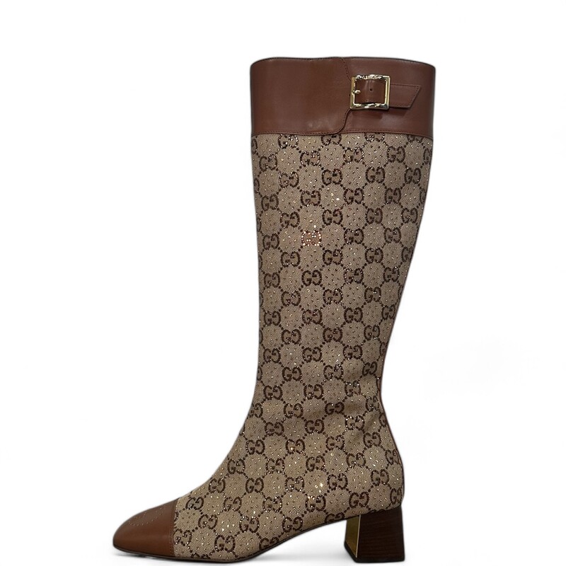 Gucci Monogram Crystal Canvas Boots
2022 Aria  Collection
Canvas with leather trim and crystal motif
Side Zipper
Like New, comes with box and dust bag.