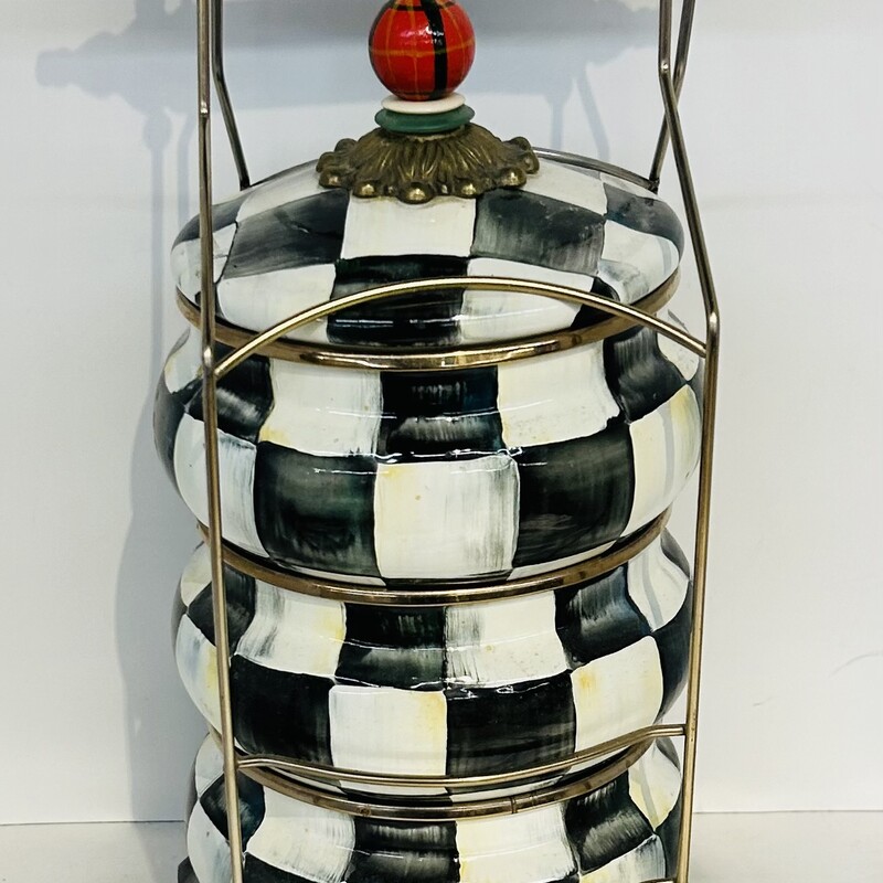 MacKenzie Childs Courtly Check
Stacked Bowls with Lid and Stand
Black White Red Brown Gold
Size: 6 x 6 x 14H