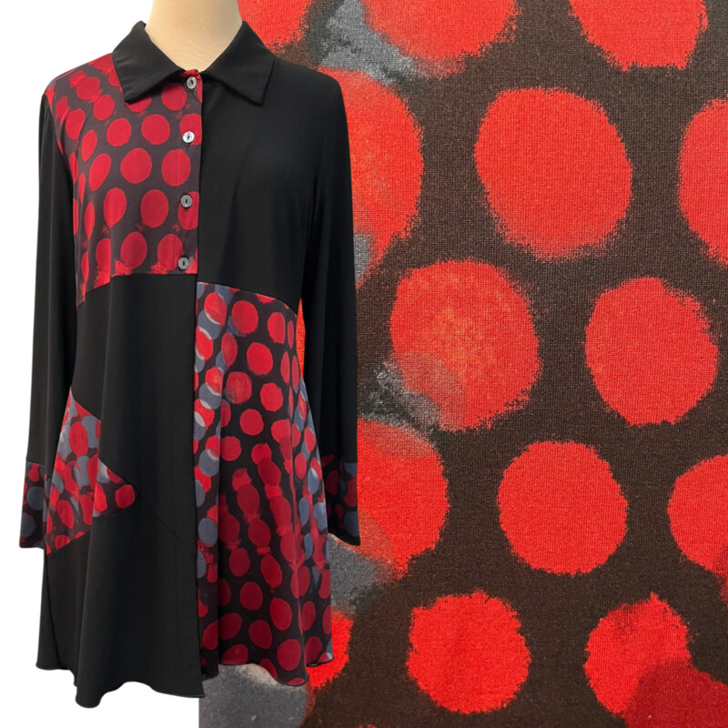 Michael Tyler Jacket
Polka Dot and Solid Patchwork
Four Buttons On Top
Black and Red
Size: Medium