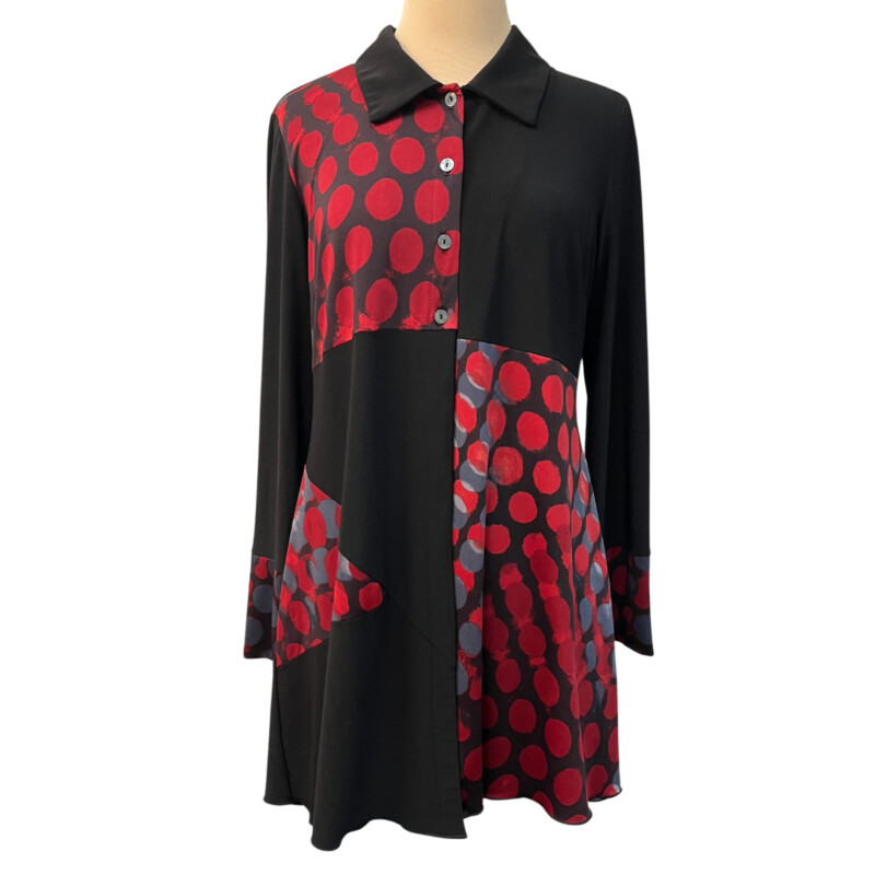 Michael Tyler Jacket
Polka Dot and Solid Patchwork
Four Buttons On Top
Black and Red
Size: Medium