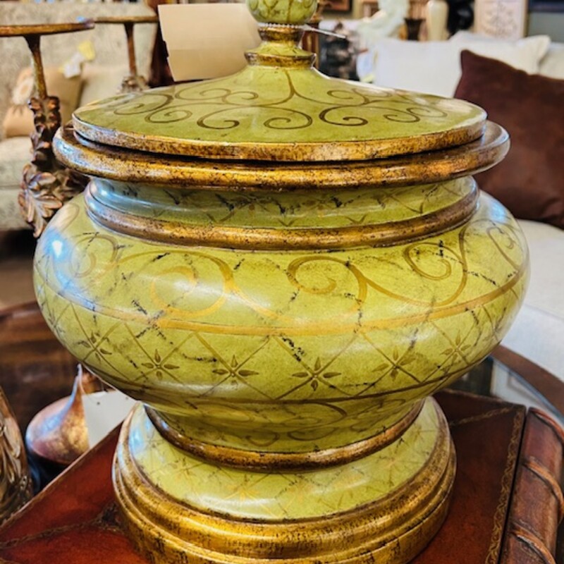 Ornate Cachepot With Lid
Green Gold
Size: 13 x 16 H