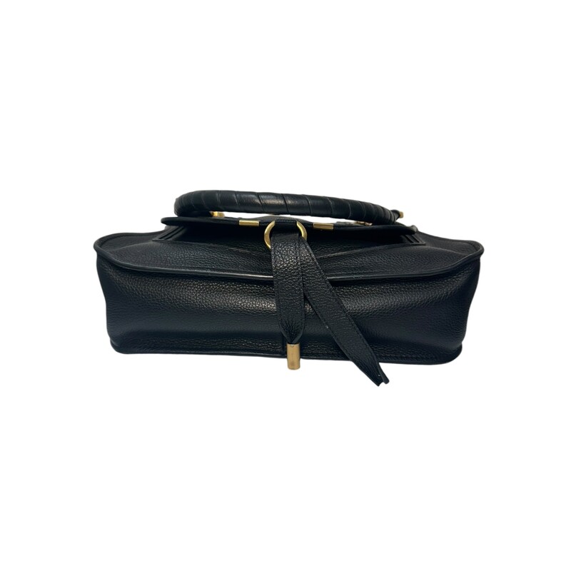 Chloe Marcie Handbag<br />
Small<br />
 Black<br />
<br />
Dimensions:<br />
Small size: 9.5W x 5H x 3D<br />
<br />
Note: Missing long crossbody strap.<br />
Wear on corners and missing hardware on one tassel