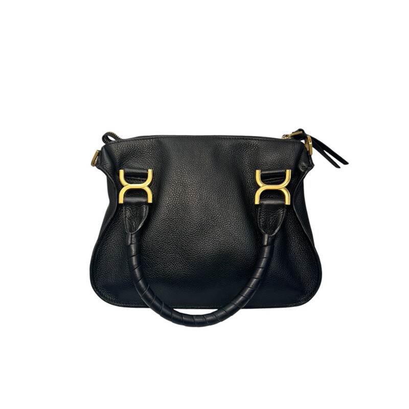 Chloe Marcie Handbag<br />
Small<br />
 Black<br />
<br />
Dimensions:<br />
Small size: 9.5W x 5H x 3D<br />
<br />
Note: Missing long crossbody strap.<br />
Wear on corners and missing hardware on one tassel