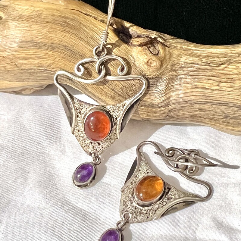 Sterling amber & purple drop earrings