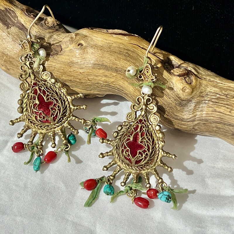 Red velvet & brass earrings