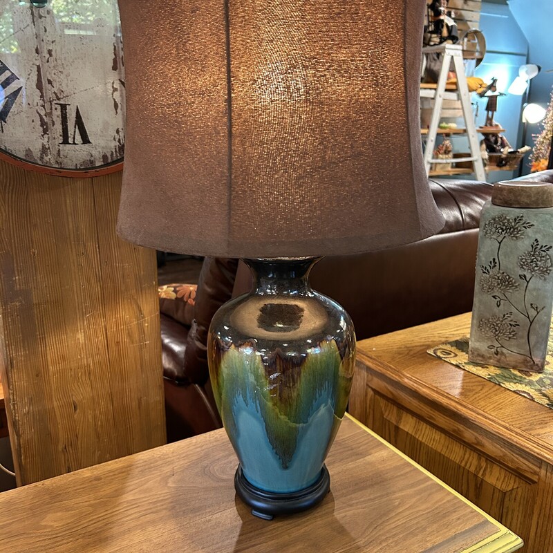 Blue/Brown Lamp,
Size: 27in. tall
Beauitful shade of blue and brown lamp with brown shade.