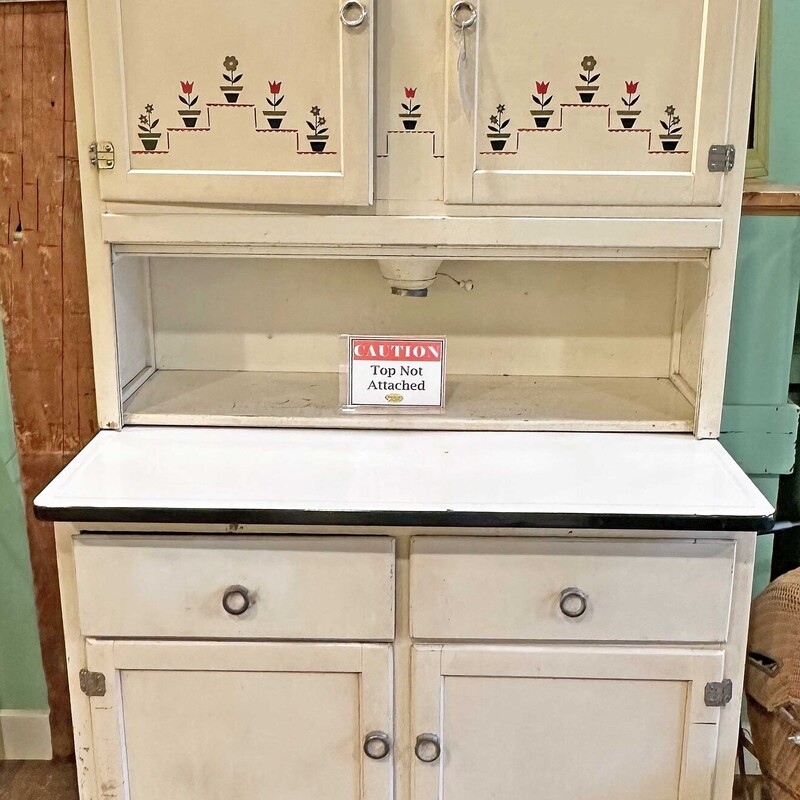 VTG Authentic Hoosier,
Size: 44x23x71
1930s era Hoosier with a built in flour sifter and tin lined bread compartent.  All original hardware. The painted details are sitll crisp while the base color is shbby with age appropriate wear and scuffs.
Still sturdy after all these years!