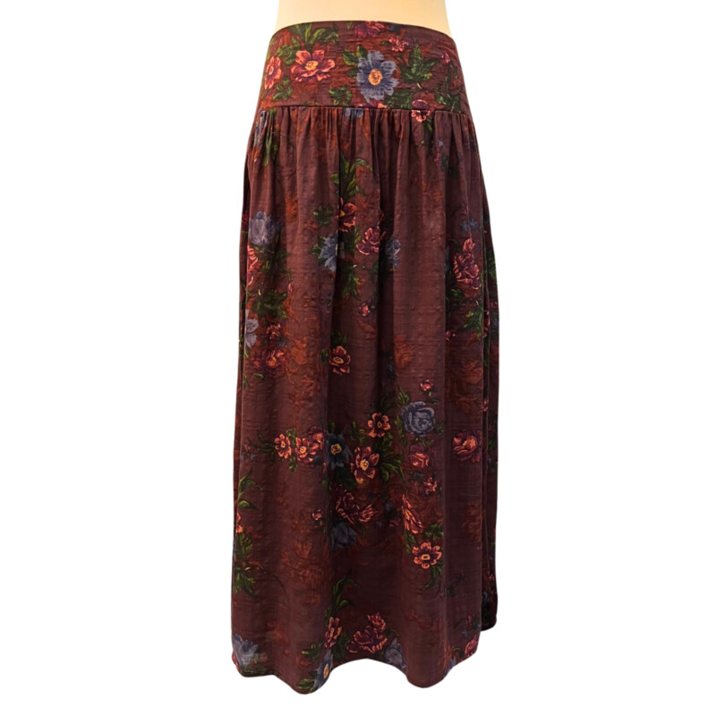 New Natural Life Skirt<br />
Cotton Blend<br />
Comfort Waist<br />
Floral Print<br />
Burgandy, Green, Peach, Red and Purple<br />
Size: Large