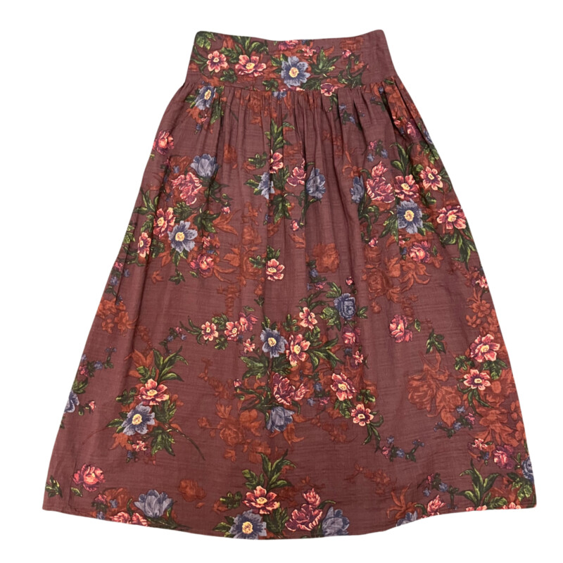 New Natural Life Skirt<br />
Cotton Blend<br />
Comfort Waist<br />
Floral Print<br />
Burgandy, Green, Peach, Red and Purple<br />
Size: Large