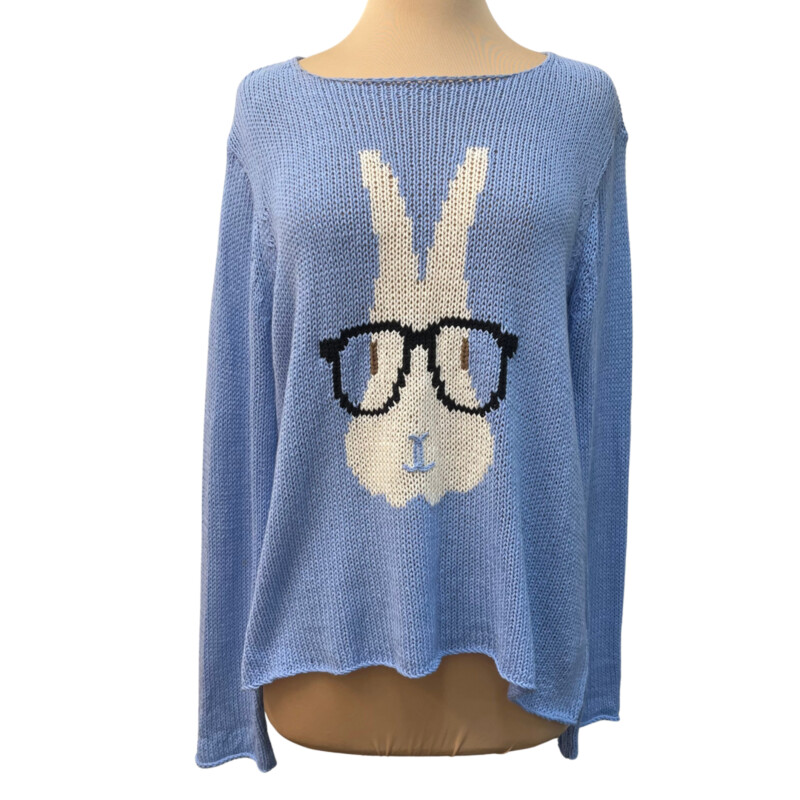 Wooden Ships Sweater<br />
Adorable Bunny Wearing Glasses Knit Pattern<br />
Cotton Blend<br />
Blue, White and Black<br />
Size: M/L