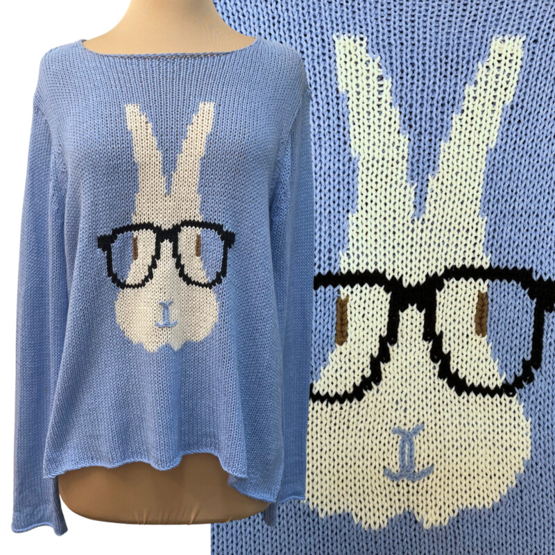 Wooden Ships Sweater
Adorable Bunny Wearing Glasses Knit Pattern
Cotton Blend
Blue, White and Black
Size: M/L