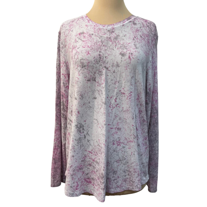 Lululemon Longsleeve Top<br />
Splatter Pattern<br />
Colors:  Pink, Gray, and White<br />
Size: Large