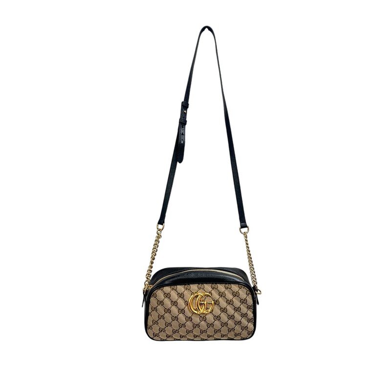 Gucci Marmont Monogram Small<br />
<br />
Dimensions:<br />
Base length: 9.50 in<br />
Height: 5.50 in<br />
Width: 2.75 in<br />
Drop: 23.00 in<br />
<br />
Style Code:<br />
447632 486628<br />
AS IS<br />
Missing the pull tassle on the zipper. Zipper is fully functioning see pictures.