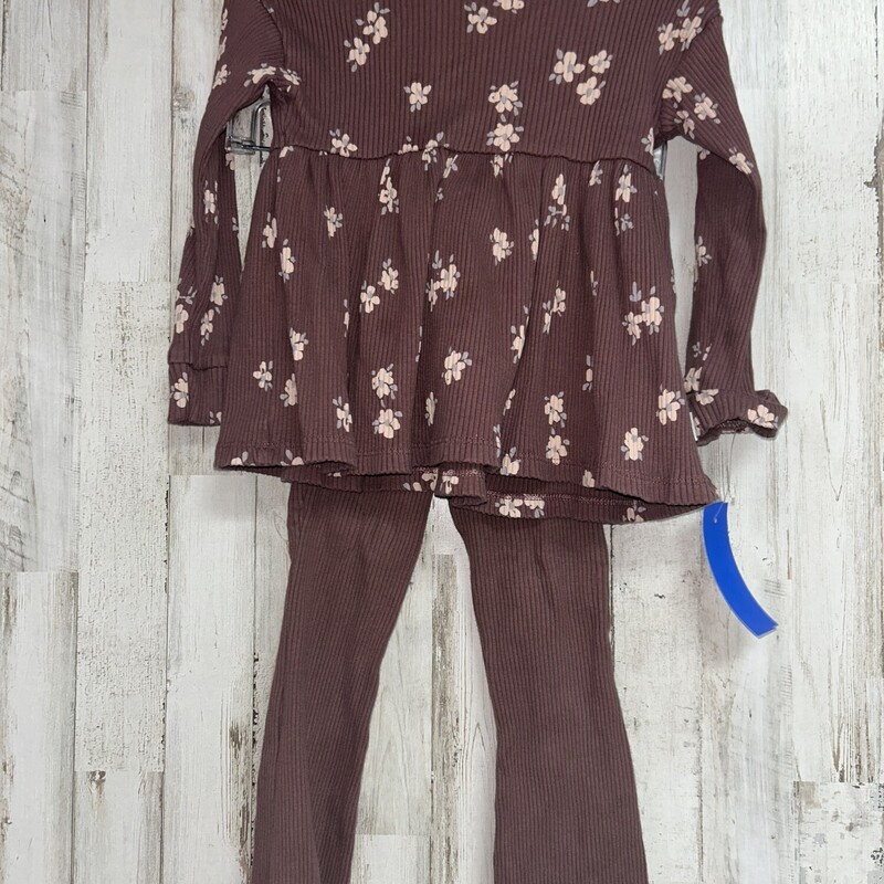 2T 2pc Brown Floral Ribbe, Brown, Size: Girl 2T