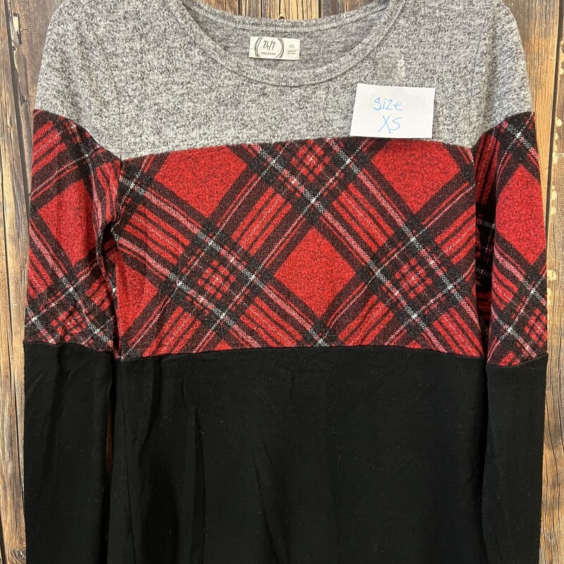 Gray Red Plaid Sweater, Size: Xs