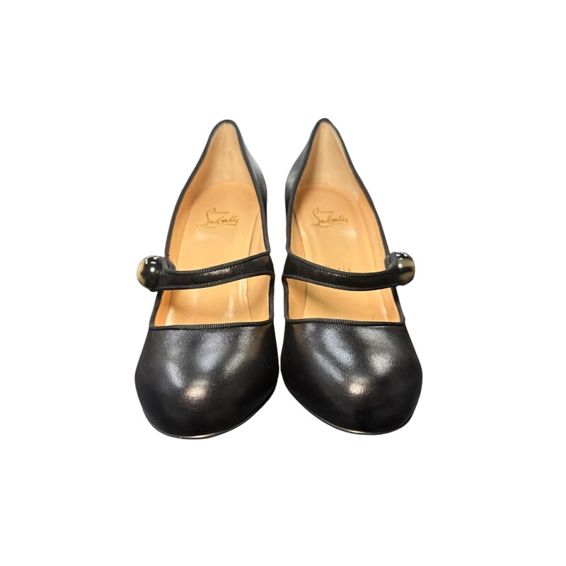 Christian Louboutin Booton Maryjanes<br />
Black Leather<br />
Round Toe<br />
Heel Height: 4.5<br />
Condition: Excellent<br />
<br />
Does not include original dust bag or box.