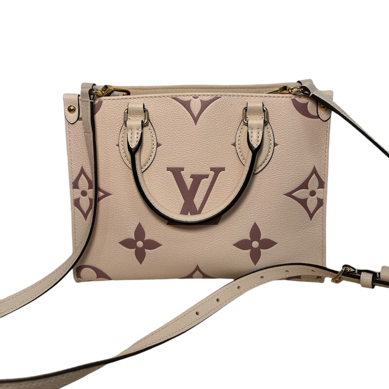 Louis Vuitton Onthego<br />
 Cream<br />
 Size: PM<br />
Louis Vuitton monogram giant embossed grained cowhide leather bicolor Onthego PM Cream/Rose Pink<br />
Comes with detachable strap<br />
<br />
Shoulder Strap Drop: 17.25<br />
Handle Drop: 3.5<br />
Height: 8<br />
Width: 10<br />
Depth: 4.25<br />
<br />
Code:DU4280<br />
Does not include original dust bag or box.