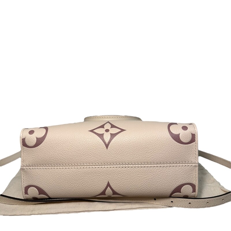 Louis Vuitton Onthego<br />
 Cream<br />
 Size: PM<br />
Louis Vuitton monogram giant embossed grained cowhide leather bicolor Onthego PM Cream/Rose Pink<br />
Comes with detachable strap<br />
<br />
Shoulder Strap Drop: 17.25<br />
Handle Drop: 3.5<br />
Height: 8<br />
Width: 10<br />
Depth: 4.25<br />
<br />
Code:DU4280<br />
Does not include original dust bag or box.