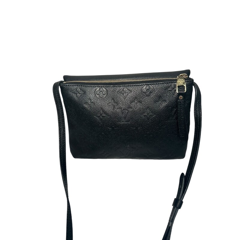 Louis Vuitton Twice Black Empreinte Leather Crossbody<br />
Brass Hardware<br />
Single Adjustable Shoulder Strap<br />
Single Exterior Pocket<br />
Alcantara Lining & Single Interior Pocket<br />
Snap Closure at Front<br />
Dimensions:<br />
Shoulder Strap Drop: 23.5<br />
Height: 6.25<br />
Width: 9<br />
Date Code: AR2106<br />
<br />
* Some minor marks on hardware and small mark on leather strap<br />
<br />
Depth: 1.25<br />
<br />
Does not include original dust bag or box.