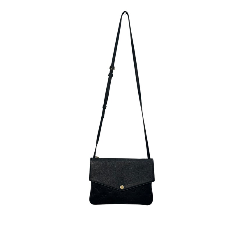 Louis Vuitton Twice Black Empreinte Leather Crossbody<br />
Brass Hardware<br />
Single Adjustable Shoulder Strap<br />
Single Exterior Pocket<br />
Alcantara Lining & Single Interior Pocket<br />
Snap Closure at Front<br />
Dimensions:<br />
Shoulder Strap Drop: 23.5<br />
Height: 6.25<br />
Width: 9<br />
Date Code: AR2106<br />
<br />
* Some minor marks on hardware and small mark on leather strap<br />
<br />
Depth: 1.25<br />
<br />
Does not include original dust bag or box.