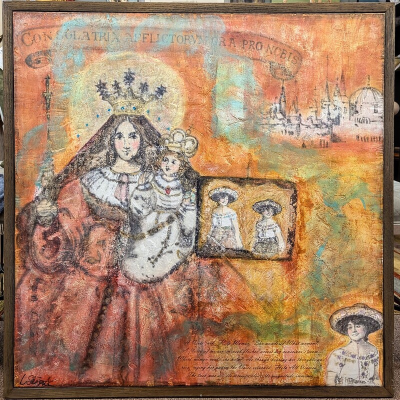 Spanish Madonna & Child
Orange Green Brown In Brown Wood Frame
Solid Wood Backiing
Artisian Signed from Local Art Gallery
Size: 38x38
Retail $1600