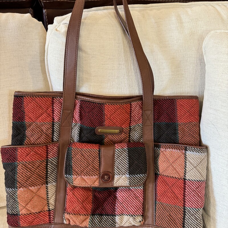 Vera Bradley Plaid Tote
Brown, Orange, Red Wool, with Leather Trim