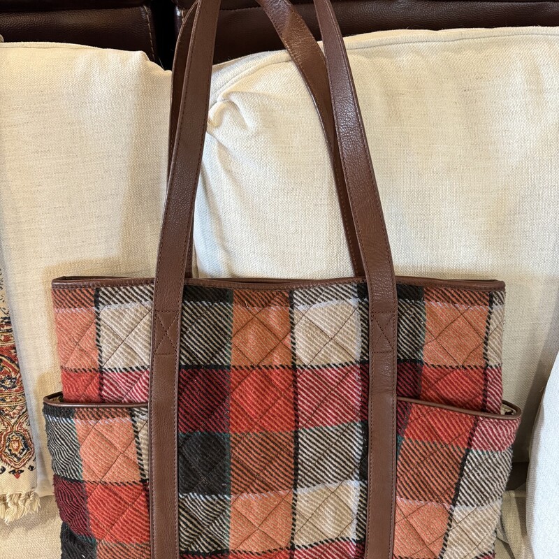 Vera Bradley Plaid Tote<br />
Brown, Orange, Red Wool, with Leather Trim