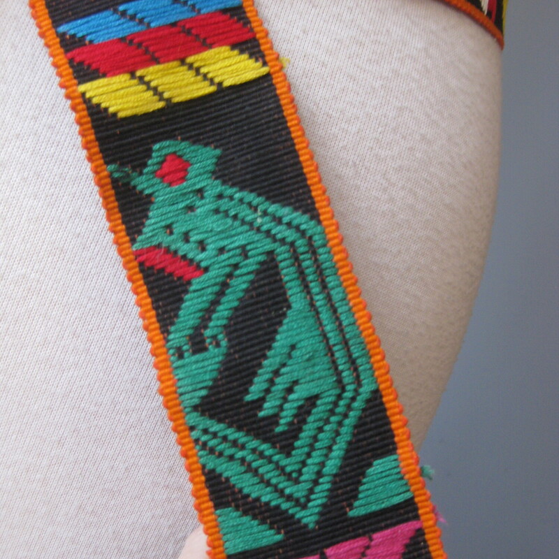 Mexican? Embrd, Multi, Size: None<br />
Brightly colored sash belt.  A thick black cotton base is embroidered with abstract and geometric shapes in jewel tones.  It has a braided black tassel at each end.  65 long not including the tassels at the ends.<br />
no tags or labels are present.<br />
Thanks for looking<br />
#79505