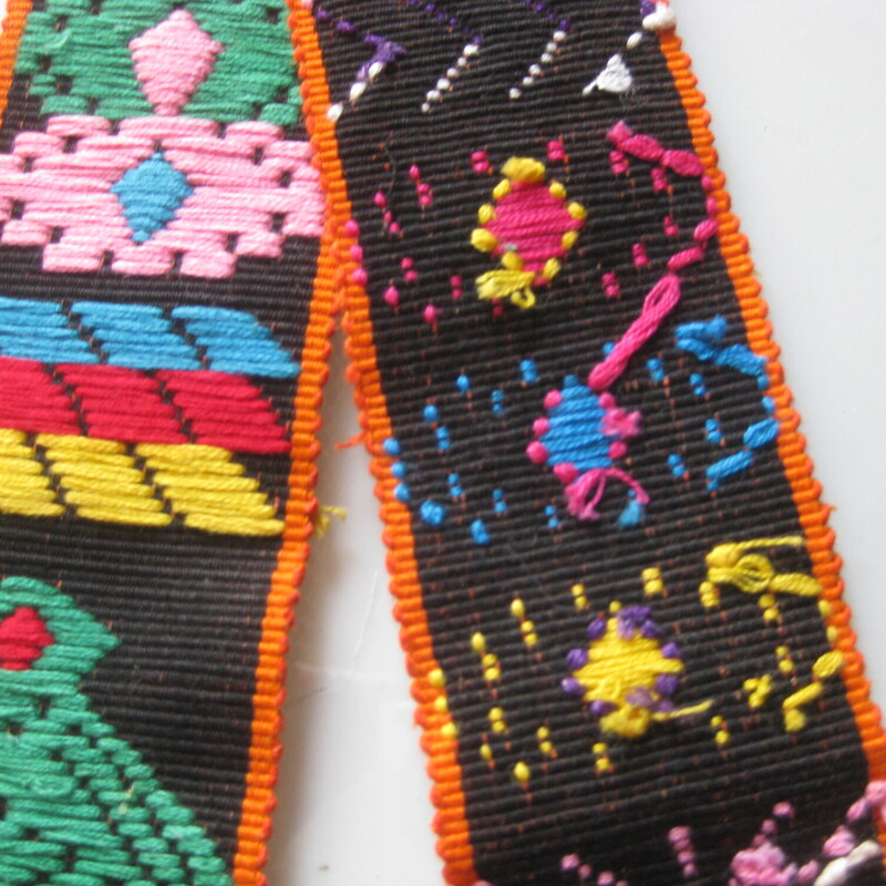 Mexican? Embrd, Multi, Size: None<br />
Brightly colored sash belt.  A thick black cotton base is embroidered with abstract and geometric shapes in jewel tones.  It has a braided black tassel at each end.  65 long not including the tassels at the ends.<br />
no tags or labels are present.<br />
Thanks for looking<br />
#79505