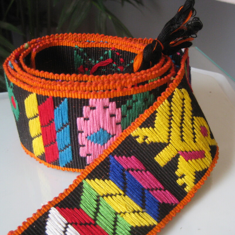 Mexican? Embrd, Multi, Size: None<br />
Brightly colored sash belt.  A thick black cotton base is embroidered with abstract and geometric shapes in jewel tones.  It has a braided black tassel at each end.  65 long not including the tassels at the ends.<br />
no tags or labels are present.<br />
Thanks for looking<br />
#79505