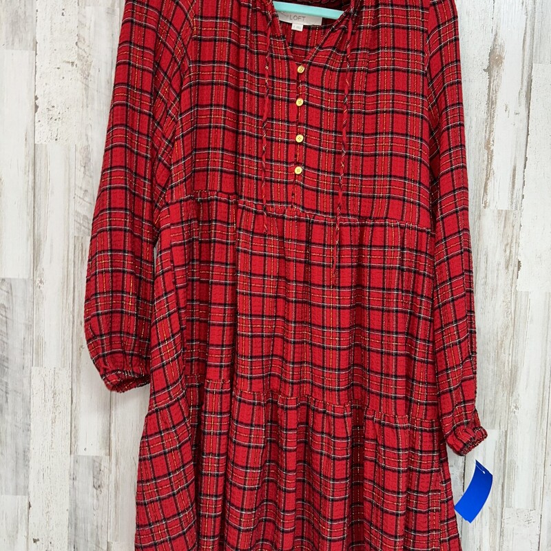 S Red Plaid Button Dress