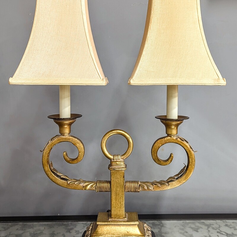 Hollywood Regency Double Lamp
Gold, Black, Cream
Size: 18x28H