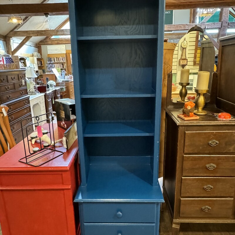 Vermont Tubbs Blue Bookcase
4 Shelves and 2 Drawers.
Made in Vermont. Solid Piece
24 Inches Wide, 20 Inches Deep, 75 Inches High