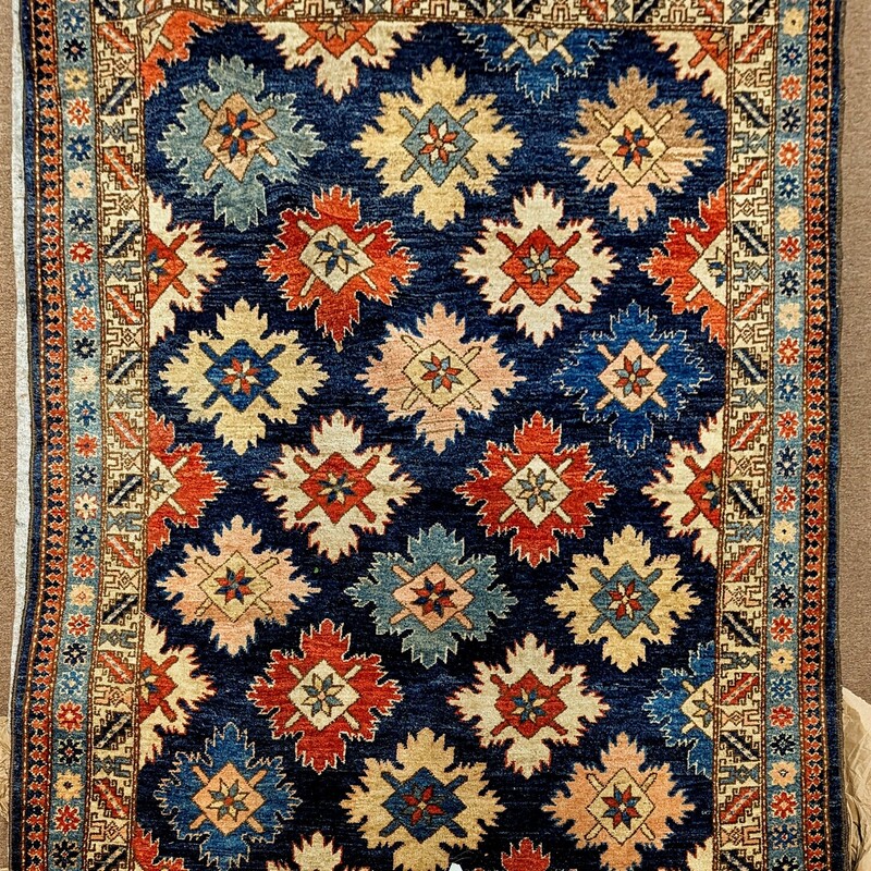 Vintage Medallion Pattern Rug
Blue Orange Cream Brown with Cream Fringe
Size: 5x7
Handmade Persian?
As Is- Normal Wear for Age, Pulled Fringe