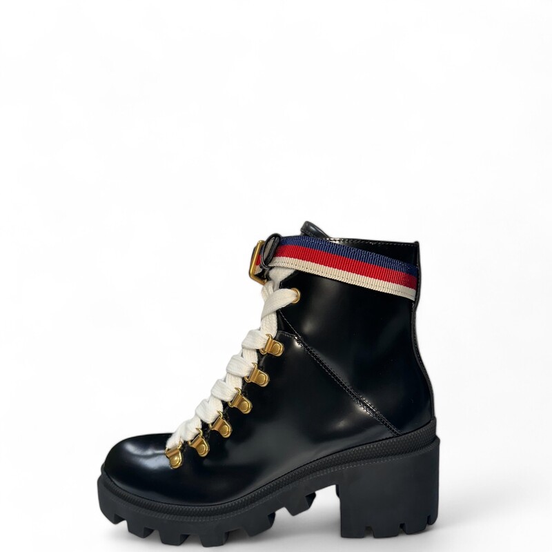 Gucci Magnum Combat Boots
Size: 36.5
 Leather Ankle Combat Boots
Sylvie Web Accent
Rubber Trim
Round-Toes
Platform
Wrap-Around Straps & Lace-Up Closure at Uppers

Code:481156-0411

Comes with original box and dust bags.