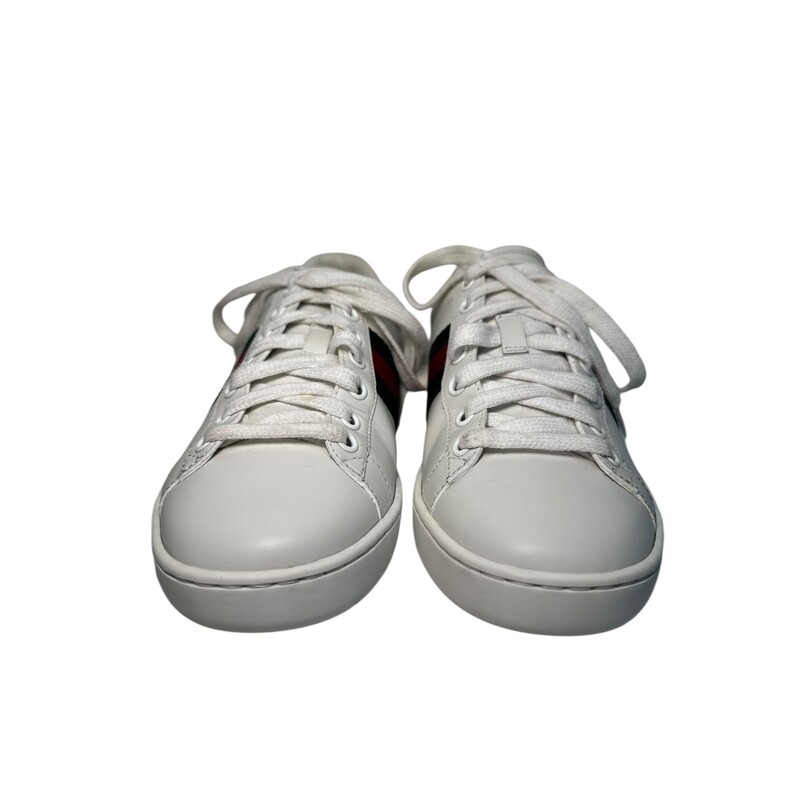 Gucci Ayer Sneakers<br />
Sylvie Web Accent<br />
Rubber Trim<br />
Round-Toes<br />
Platform<br />
Wrap-Around Straps & Lace-Up Closure at Uppers<br />
Style Code:431942<br />
<br />
Comes with original dust bags.<br />
<br />
Stain on one lace