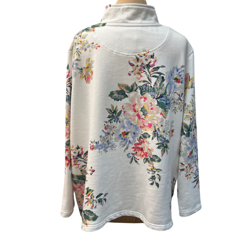 Joules ¼ Zip Pullover
Floral Print
With Pockets
Cotton Blend
White with a Rainbow of Colors
Size: XLarge